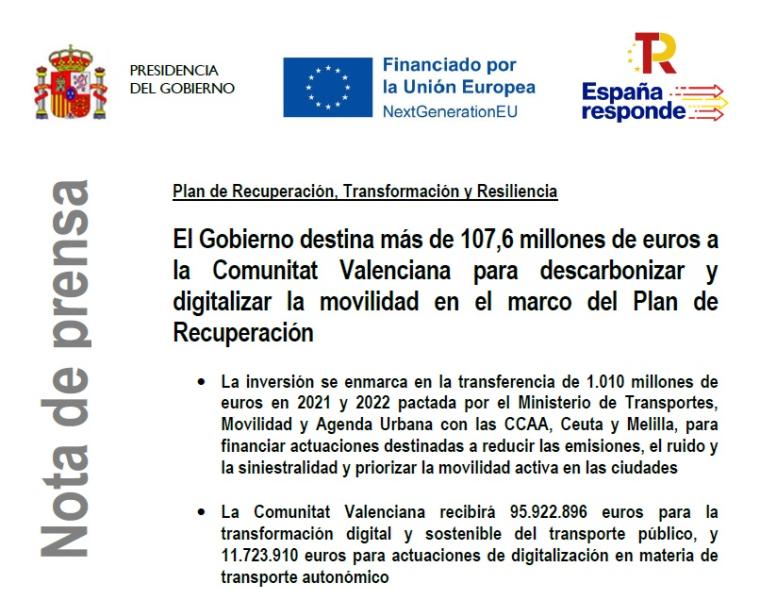 El Gobierno destina más de 107,6 millones de euros a la Comunitat Valenciana para descarbonizar y digitalizar la movilidad en el marco del Plan de Recuperación