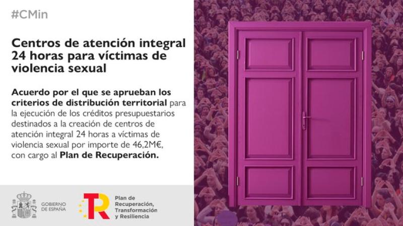El Gobierno destina más de 2,8 millones de euros a la Comunitat Valenciana de los fondos europeos para la creación de centros de atención integral 24 horas a víctimas de violencia sexual