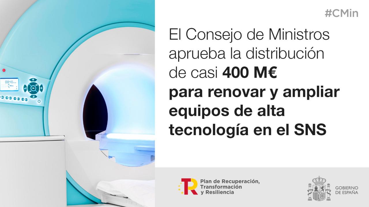 El Gobierno destina más de 68,9 millones de euros a la Comunidad de Madrid para renovar y ampliar equipos de alta tecnología en el SNS